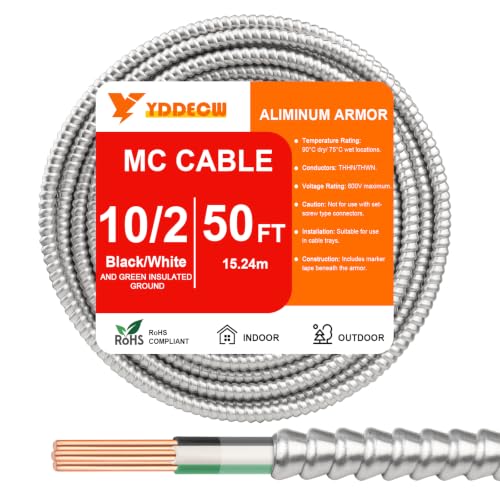 Image of 50FT 10 /2 Metal Clad (MC) Cable with Ground, 10 Gauge Electric Wire with Aluminum Armor, Solid Bare Copper Conductors for Indoor Outdoor Underground Embedded Installation (10 /2, 50 ft)