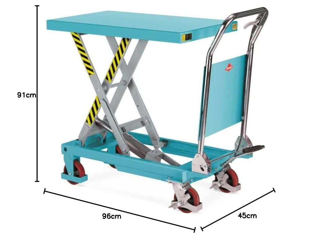 Ameise Scheren-Hubtischwagen LTT | 220-720 mm Hubbereich | 150 kg Tragkraft | 700x450 mm Plattform | Fahrbarer Hubtisch mit klappbarem Bügel | Fußbetriebene Hydraulikpumpe | Stahl | Türkisblau