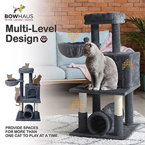 Image of BOWHAUS Tall Cat Tree for Indoor Large Cats or Kittens, Multi-Level Cat Activity Tree with Scratching Posts, Hammock, Cat Cave Condo, Modern Cute Small Cat Climbing Tower with Widened Perch
