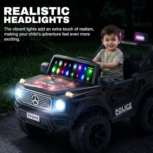 Image of Baybee Benzie Pro Police Edition Battery Operated Jeep for Kids | Baby Ride on Electric Car with Parental Control, RGB Lights & Music | Rechargeable Battery Car for Kids 2 to 6 Years (Black)