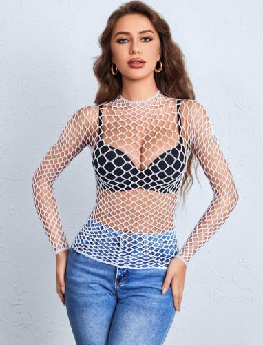Image of Avidlove Women's Sexy Fishnet Mesh Long Sleeve Tops Mock Neck Sheer Lace See-Through Blouse Bodycon Clubwear Party Tops
