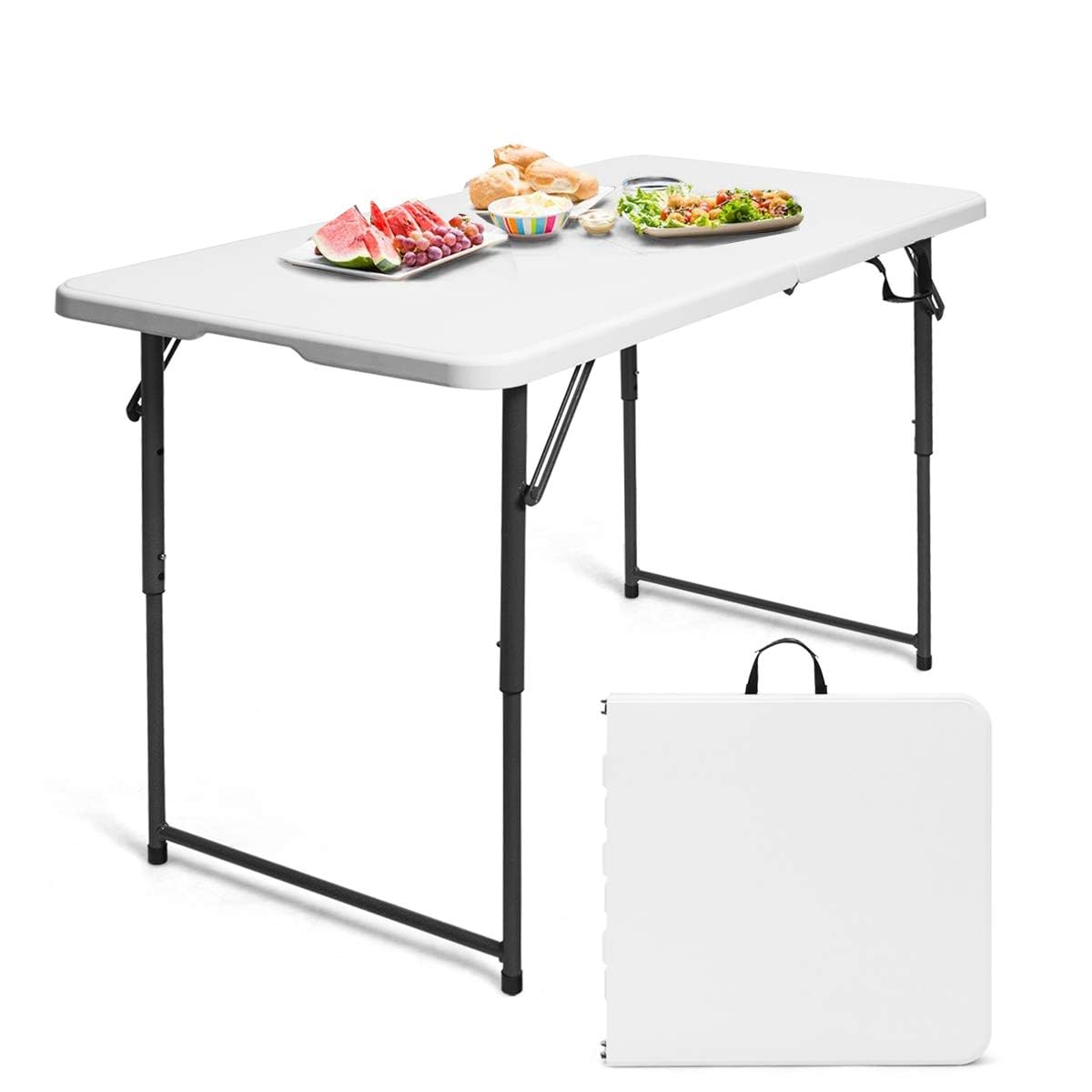 RELAX4LIFE 2 in 1 Tavolo Pieghevole da Campeggio, Richiudibile con Maniglia, 120x60cm, Altezza Regolabile 48,5/62/74,5cm, Portatile Tavolino per Picnic, Giardino, Barbecue, Portata 150kg, HDPE/Metallo