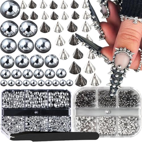 GZMAYUEN Bijoux Ongles Nail Art, Mini Rivets Métal Punk Nail Charms, Pointes Coniques Argent et Noires Bijoux Ongles, Argenté Boules D'acier Perle Nail Art...