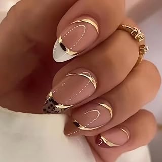 Short French Press on Nails Almond Fake Nails Gold Line Design with Leopard Print Pattern Nail Artificial Acrylic Full Cover Reusable False Nails Set Women Glue on Nails Stick on Nails for Nail Art