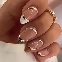 Vista 1 de Uñas postizas cortas francesas en forma de almendra con diseño de línea dorada y estampado de leopardo, uñas artificiales acrílicas de cobertura