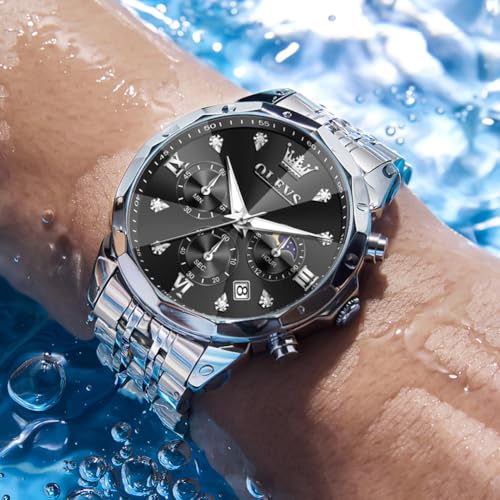 Image of OLEVS Watch for Men Luxury Gold Diamond Chronograph Business Wristwatch with Analog Quartz, Date Calendar, Stainless Steel Band, Luminous Hands, Waterproof