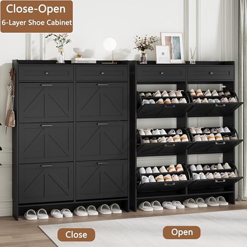 Image of Shoe Cabinet with 6 Flip Drawers & 2 Top Drawers, 57 inch Tall Freestanding Narrow Wooden Shoe Storage Organizer for Entryway, Hidden Slim Shoe Rack for Front Door Entrance, Hallway, Living Room, Black