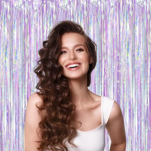 Image of Voircoloria 2 Pack Iridescent Purple Foil Fringe Curtains, Glittering Tinsel Streamers Party Decorations,Mermaid Fringe Backdrop for Gir's Birthday, Bachelorette, Baby Shower Theme Party