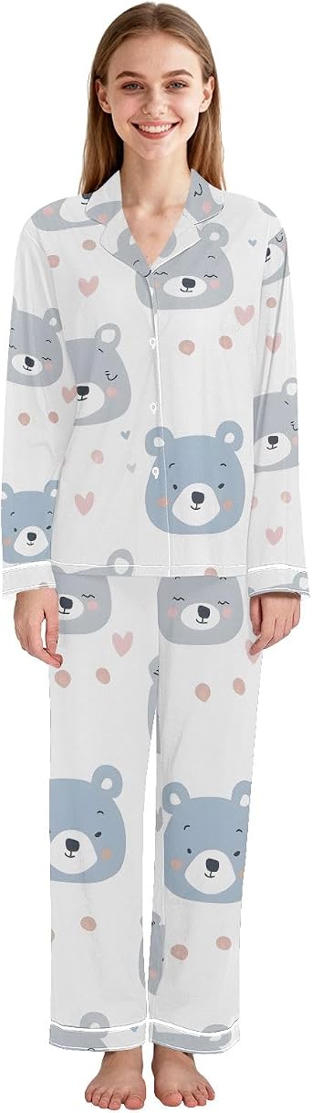 Cute Fat Bear Face Womens Pajama Sets Long Sleeve Sleepwear Button Down 2 Piece Pjs with Pockets