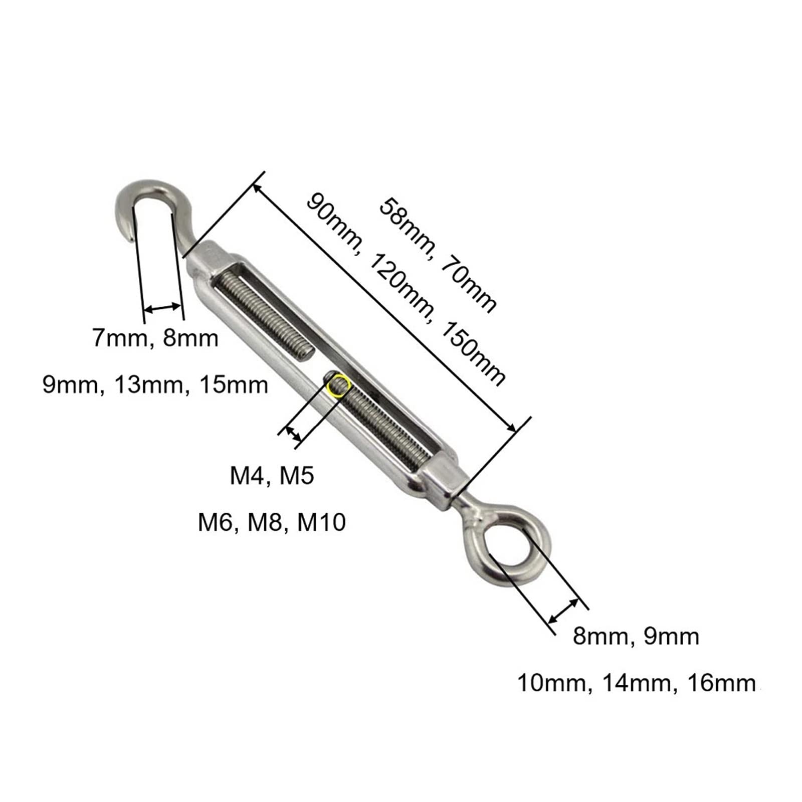 Tensor de Tensor Ajustable de Gancho y Ojo, Tensor de Acero Inoxidable, Gancho de Ajuste, Tornillo de Ojo, Tensor de Cable, Conector de Tornillo de Cable Apretado(M10,5PCS)