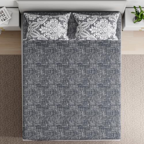 Essentials 100% Cotton Super Soft Flat Bedsheet with 2 Pillow Covers | Temika Grey Queen (100 x 85 inch) | Temika Grey