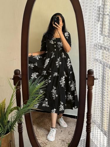 Image of Women's Pure Cotton Maxi Midi Dress Western Dress for Women Elegant Floral Printed Long Dresses | Soft & Breathable Fabric | Casual Trending Dress