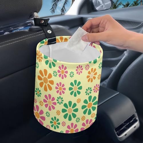 Image of Groovy Hippie Flowers Car Trash Can Collapsible Hanging Portable Dustbin Bin Waste Basket Car Accessories Interior for Car SUV Universal Fit