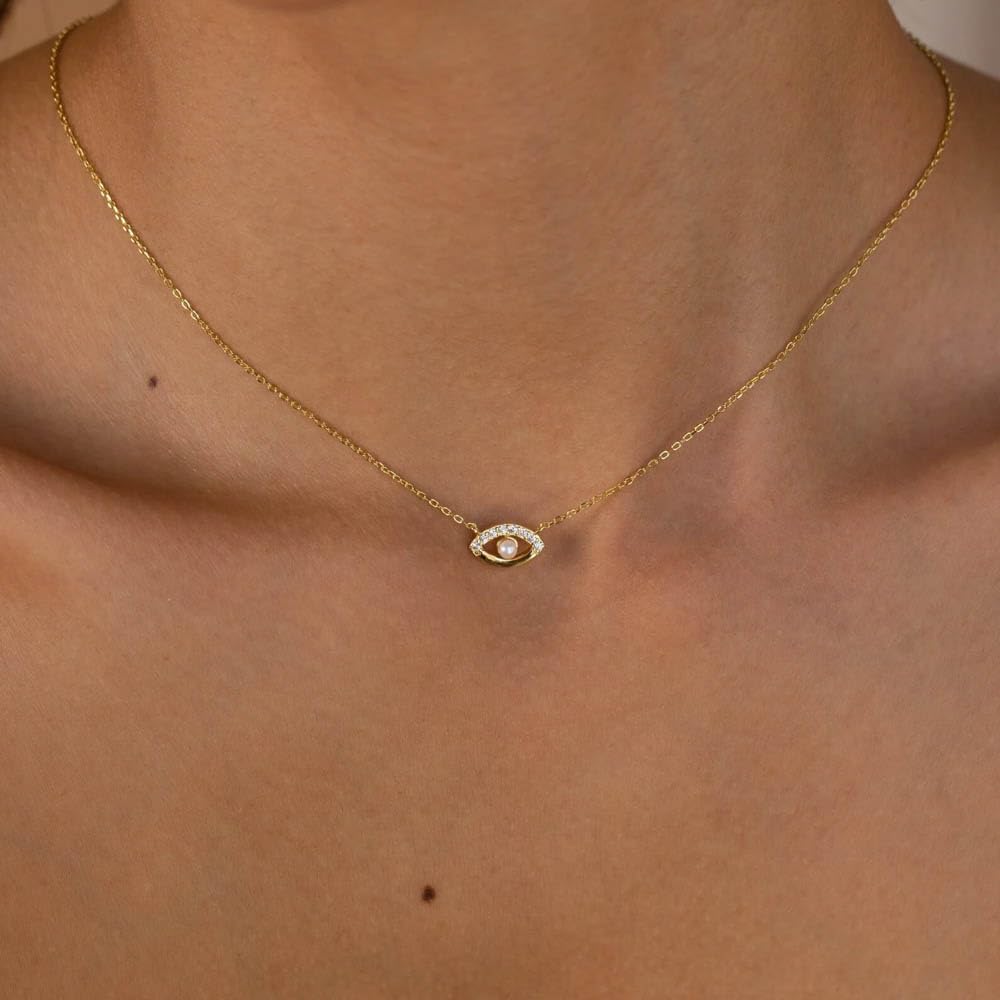 CAITLYNMINIMALIST Dainty 18K Gold Cable Chain Amaryllis Pave Evil Eye Charm Necklace for Women Jewelry Gift for Her