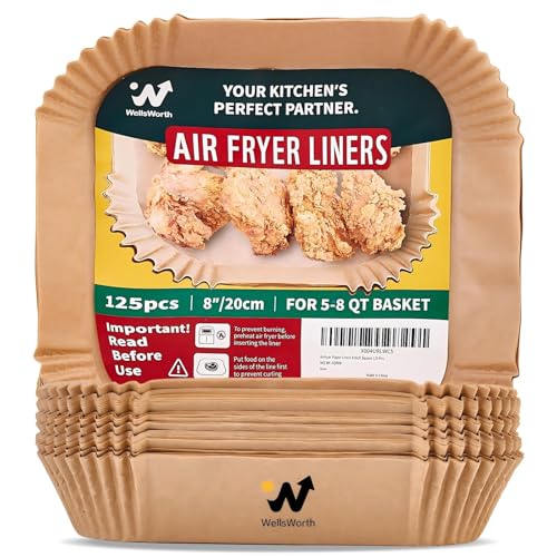 40GSM Air Fryer Paper Liners, 125Pcs 8 inch Disposable Parchment Paper for 5-8 qt Basket Air Fryer, Non-Stick Oil-Proof Heat Resistant Food Grade for Cooking, Roasting & Frying, Square 8"