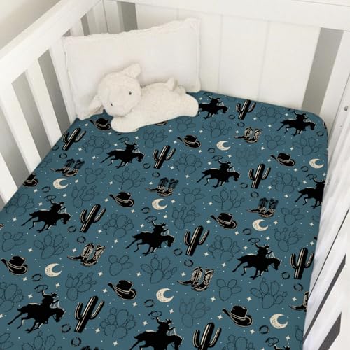 Image of Vintage Western Cowboy Baby Crib Sheets 52''x28'' Cowboy Horse Boots Hat Cactus Moon Snug Fitted Crib Mattress Cover for Boy Girl Wild Plants Soft Baby Bed Sheet for Standard Crib Toddler Mattress