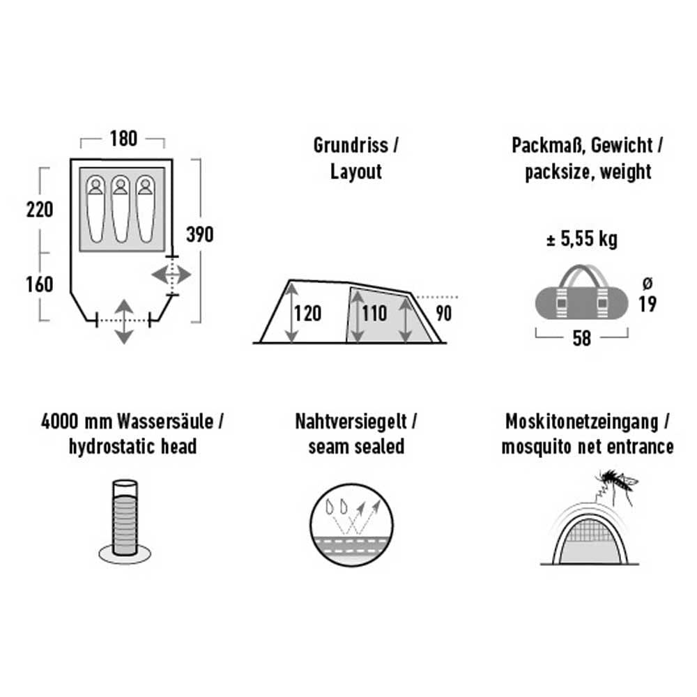 High Peak Namiot tunelowy Atmos 3, namiot kempingowy z podłogą, namiot trekkingowy dla 3 osób, 2 wejścia, podwójne ściany, wodoszczelność 4000 mm, system wentylacji, moskitiery i przezroczyste okna,