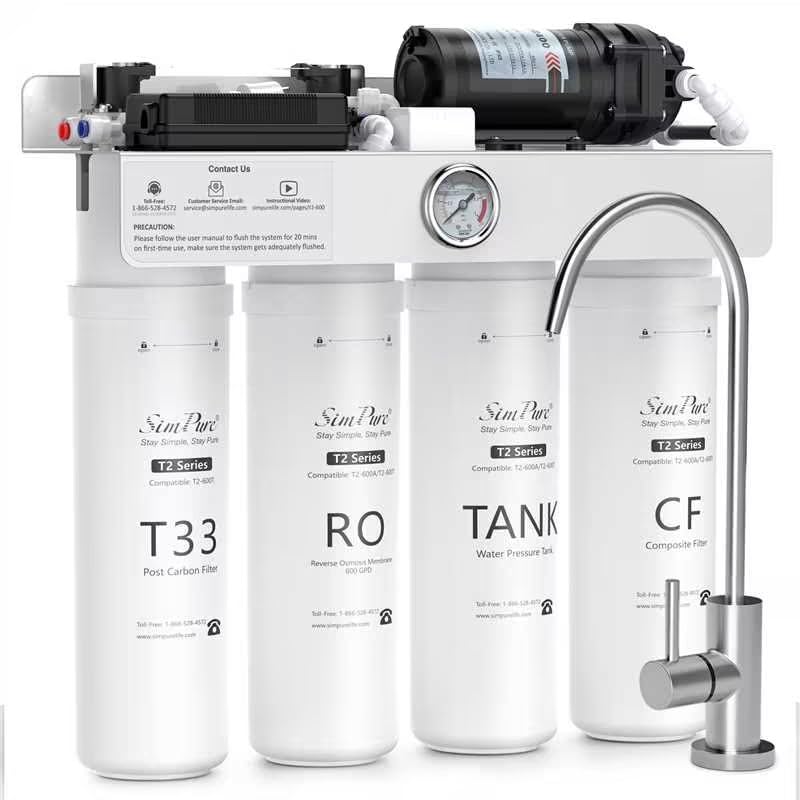 Image of SimPure T2-600T Reverse Osmosis Water Filter System Near 0 TDS Water, NSF /ANSI 58 Certified, Built-in Pressure Tank Filter, UV, 600 GPD 8 Stage RO Filtration, 2:1 Pure to Drain Ratio