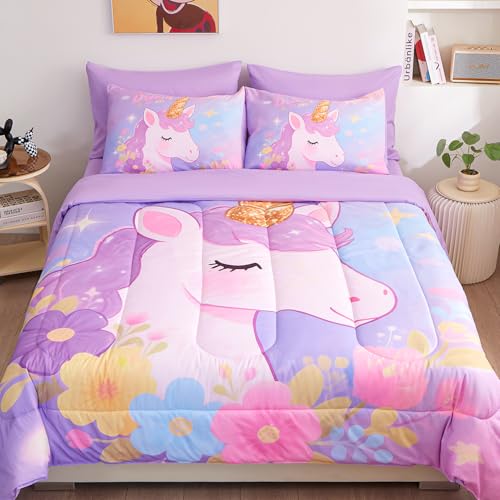 Image of Queen Comforter Set for Girls 7 Piece Purple Unicorn Bedding Set for Girls Super Soft Microfiber Bed Set Bed in a Bag with Comforter Sheets Pillowcase & Sham