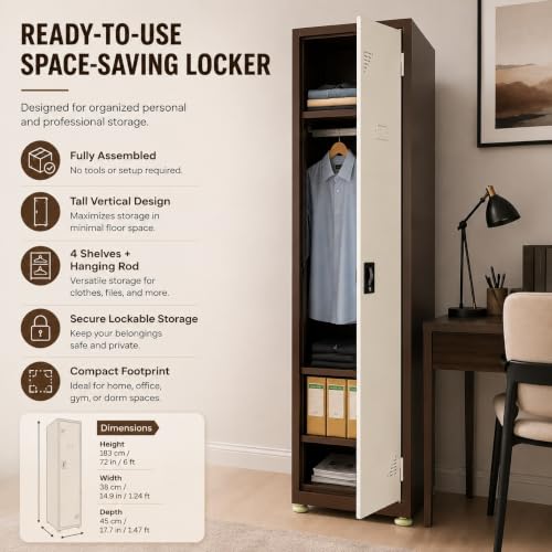Image of Amazon Brand - Solimo Single Door Steel Locker Cabinet with 4 Shelves & Hanging Rod | Lockable Metal Storage Cupboard for Home, Office, Gym, School & Factory | Powder Coated, Brown