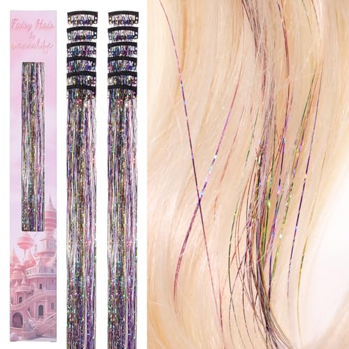 Image of WENNALIFE Hair Tinsel kit for Girls, Clip in Rainbow, 12PCS 24 Inch Hair Accessories for Women Clip in Colorful Glitter Tinsel Hair Fairy Girls Hair Accessories for Kids