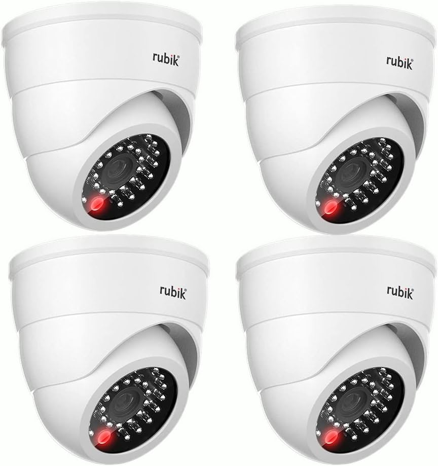 Rubik 4pc Dummy CCTV Camera with Flashing LED Light, Adjustable Fake Surveillance Camera Security Indoor Dome Camera with LED Light (White)