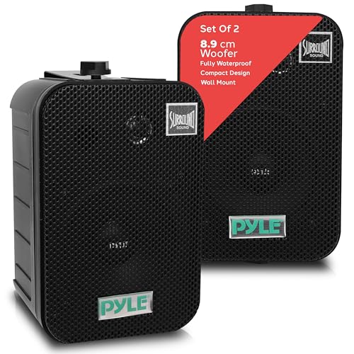 Pyle Dual Waterproof Outdoor Speaker System 9cm Pair of Weatherproof Wall / Ceiling Mounted Speakers w/ Heavy Duty Grill Universal Mount - For Use in the Pool Patio Indoor (Black)
