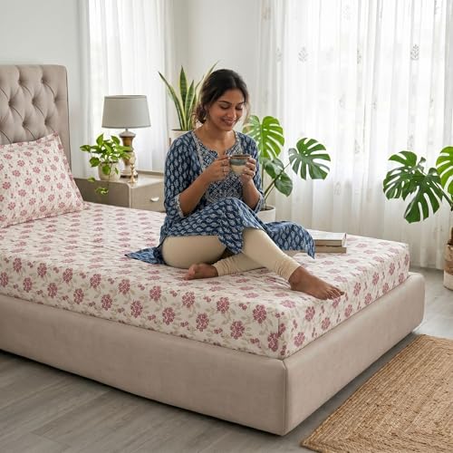 Image of Mafatlal Grace Cotton Single Bedsheet Combo Pack of 2 with Pillow Covers | 180 TC Skin Friendly Fabric | Soft Touch Printed Bedding Set | Rose Pink & Powder Blue