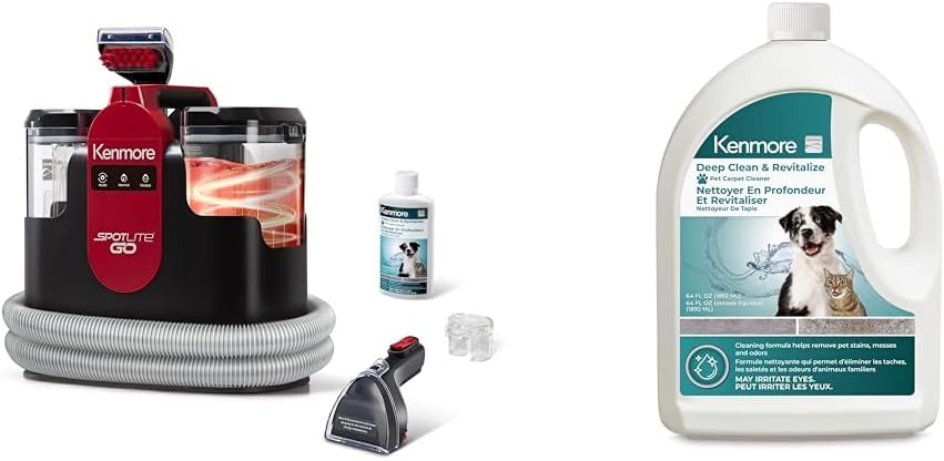 Kenmore KW1050 SpotLite Go Portable Heated Carpet & Upholstery Spot Cleaner + Kenmore KS1010 Deep Clean & Revitalize Pet Carpet Spot Cleaner Formula, 64 Oz
