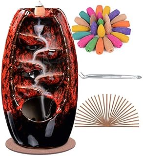 SPACEKEEPER Backflow Incense Holder Waterfall Incense Burner, Ceramic Aromatherapy Ornament Home Decor with 120 Backflow Incense Cones + 30 Incense Stick, Red