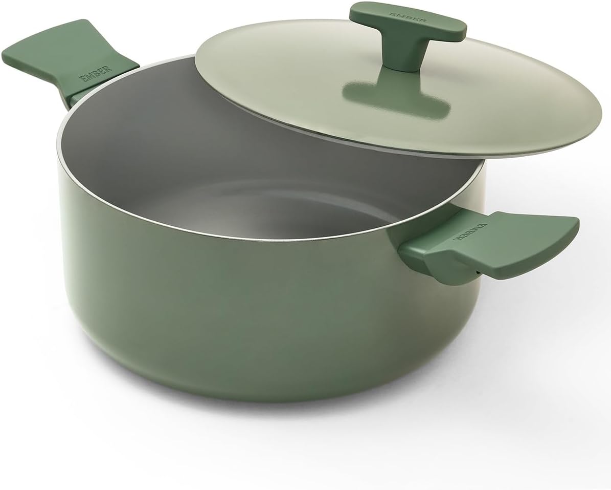 Ember Cookware Arcilla Ceramic Dutch Oven 24cm | 5 Litre Non Stick Non Toxic Pot with Lid | ISI Certified | Ceramic Cookware | Biryani Pot | PFAS & PTFE Free | 5-Year Warranty | Green