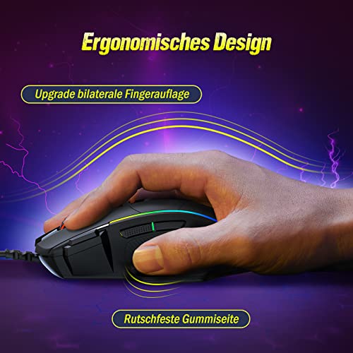 RGB Gaming Maus, ergonomische PC Maus mit Kabel, Chrom RGB Hintergrundbeleuchtung, 8000 DPI einstellbar, 8 programmierbare Tasten, Feuertaste, optische Computer Maus Gamer für Windows Mac (Schwarz) - Image 6