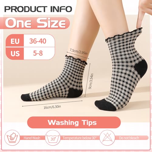 Image of 6 Pairs Women Ruffle Striped Frilly Socks, Cute Checkered Ankle Sock for Women Cotton Knit Casual Crew Socks
