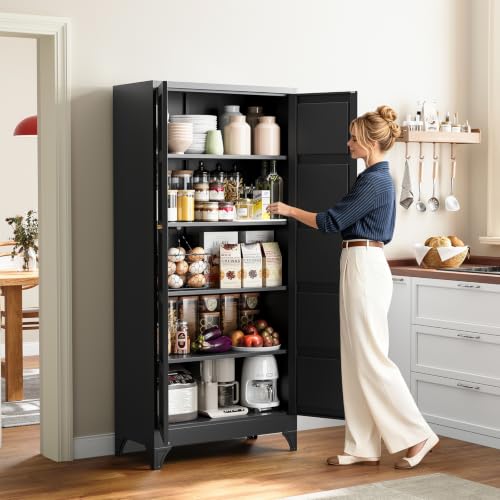 Image of Yizosh Metal Storage Cabinet with 2 Doors and 4 Adjustable Shelves - 71 inch Black Kitchen Pantry Storage Cabinet,4-Tier Tall Steel Cabinet Locker for Living Room,Dining Room,Kitchen