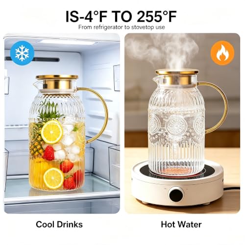 Image of Amzcku Glass Pitcher with Lid 68oz 2L Vintage Water Carafe Beverage 1Pack
