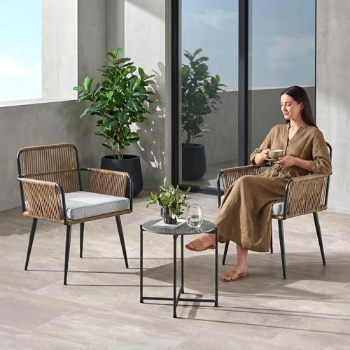Image of BRISHI Garden Patio Seating Chair and Table Set Outdoor Balcony Garden Coffee Table Set Furniture with 1 Table and 2 Chairs Set with Cushion Braid & Rope (Light Brown)