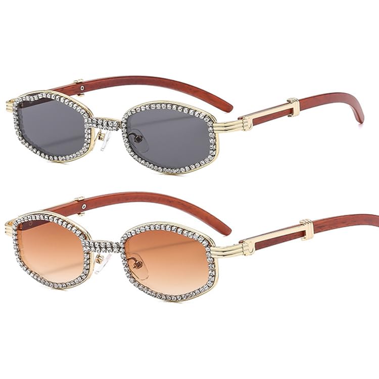 bullabulling Diamond Square Sunglasses Men Women Luxury Designer Wood Frame Rhinestone Punk Goggle Glasses UV400