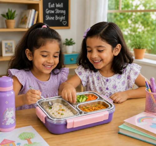 Image of Sanghariyat Bento Pro Lunch Box 710ml, 3 Compartment Stainless Steel Lunch Box with 100% Leak-Proof, BPA-Free Food-Grade Lunch Container with Spoon & Pair of Chopsticks for School Girls Kids - Purple
