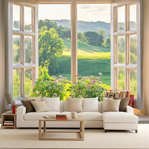 Papel Tapiz Fotográfico 200x140 cm Ventana Paisaje Flores Bosque Río 3D Murales Tejido No Tejido Mate‌ Póster Moderna Fotomurales Para Cuarto de Niño Salón Dormitorio Oficina Decoración de Pared