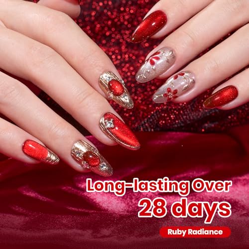Image of Beetles Stay Shining Ruby Radiance Red Cat Eye Gel Nail Polish - 15ML Red Cat Eye Glitter Gel Polish Magnetic Shimmer Effect Soak Off UV Design Salon DIY Manicure Gifts for Women
