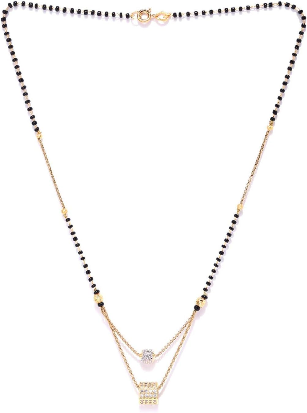 Priyaasi Brass Dual-Layered Black Beads Mangalsutra for Women | Elegant Geometric Design | American Diamond Studded Mangalsutra - Traditional Indian Style | Gold-Plated