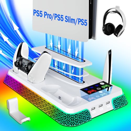 PS5/Slim/Pro Stand and Cooling Station with LED Controller Charging Station for PlayStation 5 Console,Accessories Incl.Controller Charger,PS5 Cooling Fan,Headset Holder,3 USB Hubs (pyramid-white)