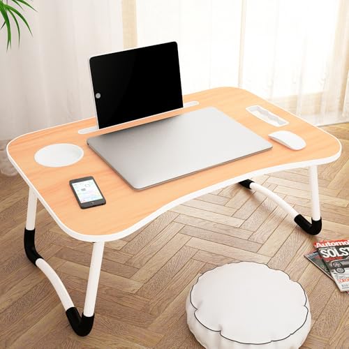 Image of Laptop Table with Dock Stand Wood Smart Standard Multi-Purpose Solid /Study Table /Bed Table /Foldable and Portable /Ergonomic & Rounded Edges /Non-Slip Legs /Engineered (Walnut)