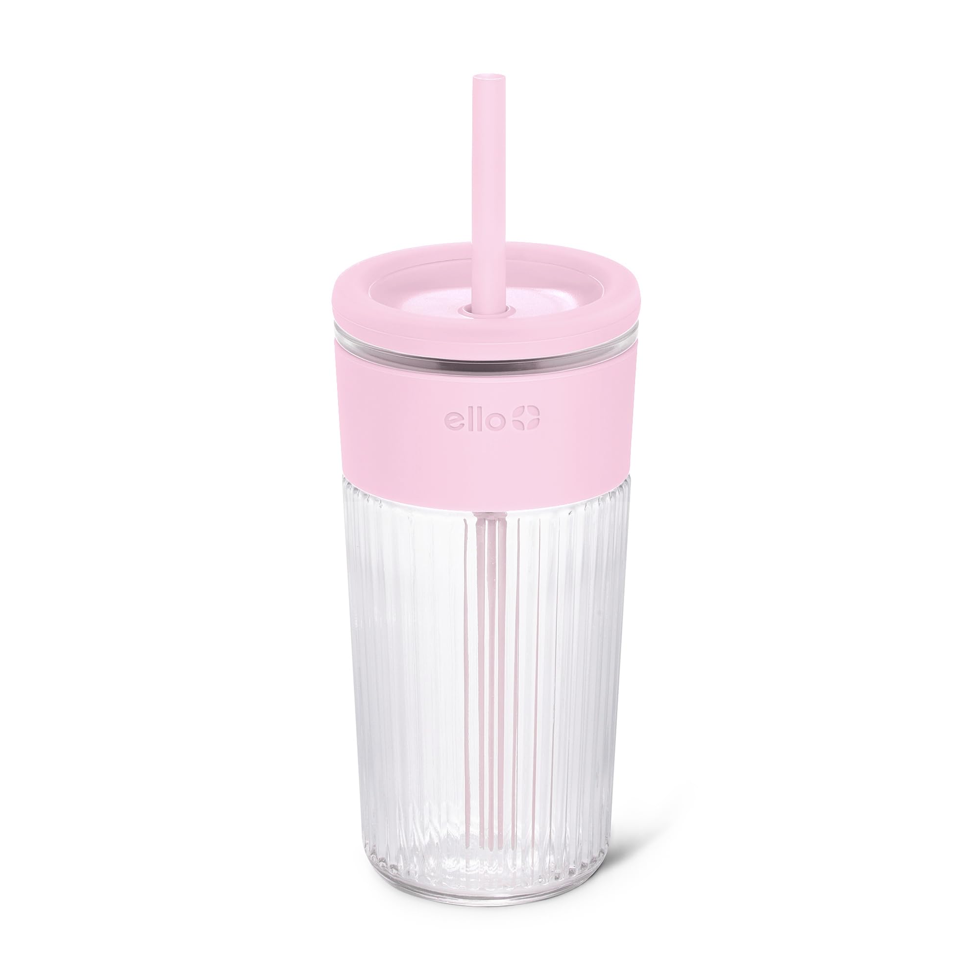 Ello Ava 18oz Glass Tumbler with Straw and Lid | Premium Ribbed Glass with Silicone Grip, Car Cup Friendly, Dishwasher Safe, BPA Free | Iced Coffee, Water, Matcha, Juice Cup | Pink Orchard