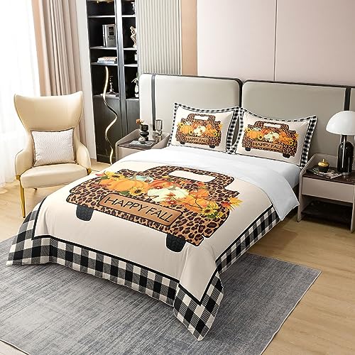 100% Cotton Plaid Pumpkin Leopard Truck Bedding Set Single, Fall Thanksgiving Harvest Duvet Cover - Image 2