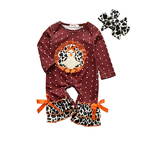 Infant Toddler Baby Girl Thanksgiving Outfits Long Sleeve Jumpsuit Turkey Romper One Piece Bodysuit Leopard Bodysuit