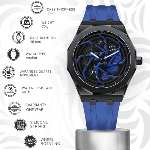 Image of IIK COLLECTION Men's Car Wheel Watch with Spinning Car Rim Hub Design with Silicon Strap|| Analog | Quartz Movement|| Water Resistant, Scratch Resistant