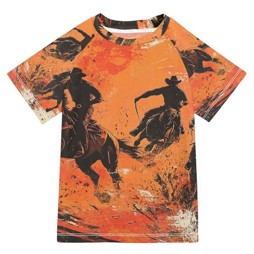 Jucciaco Boys Swing Shirts Cowboy Horse Red Grunge Rashguard Short Sleeve Kids T-Shirts Sun UPF 50+