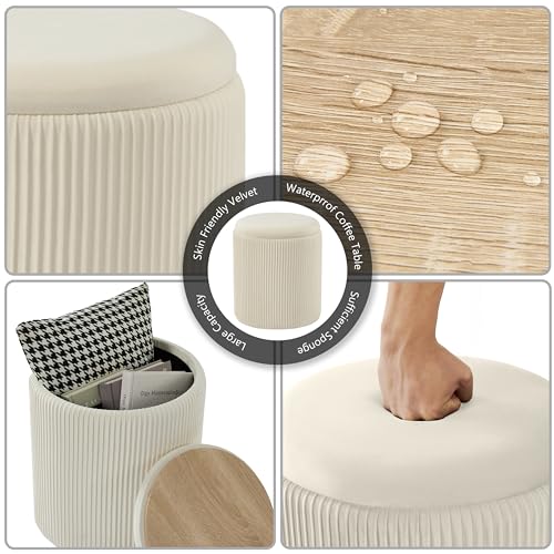 Chilihom Round Ottoman with Storage Set of 2 Upholstered Velvet Vanity Stool for Makeup Lines Support 300lbs Ottomans Multifunctional Foot Rest Coffee Table Padded Seat for Living Room&Bedroom-Beige - Image 6