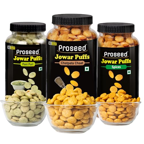 Image of Proseed Jowar Puffs (Pani Puri, Chatpata Chaat & Spices) | 150g x 3 Packs (Total 450g) | Slow Roasted & 100% Veg | No Refined Flour, Sugar & Trans-Fat | Gluten Free, No Palm Oil, Healthy Millet Snacks